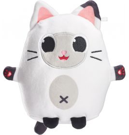 Plüschspielzeug in Form einer weißen Katze mit großen Augen, rosa Ohren und kleinen schwarzen Pfoten.