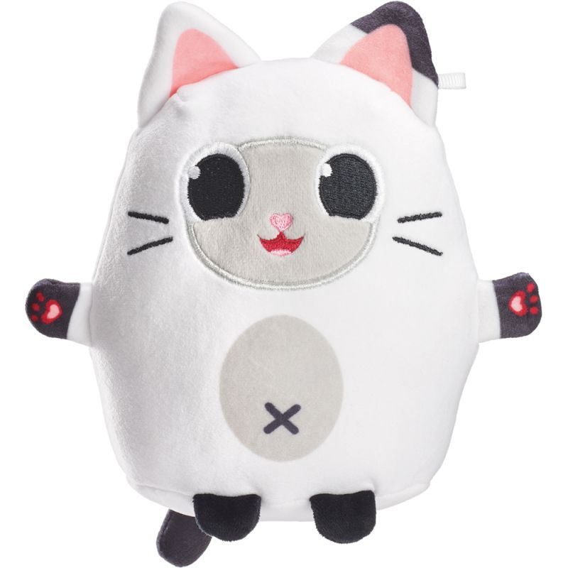 Plüschspielzeug in Form einer weißen Katze mit großen Augen, rosa Ohren und kleinen schwarzen Pfoten.