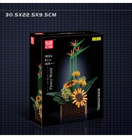 Schwarze Mould King Flower World Box mit Sonnenblumen und grünen Stielen auf dem Deckel.