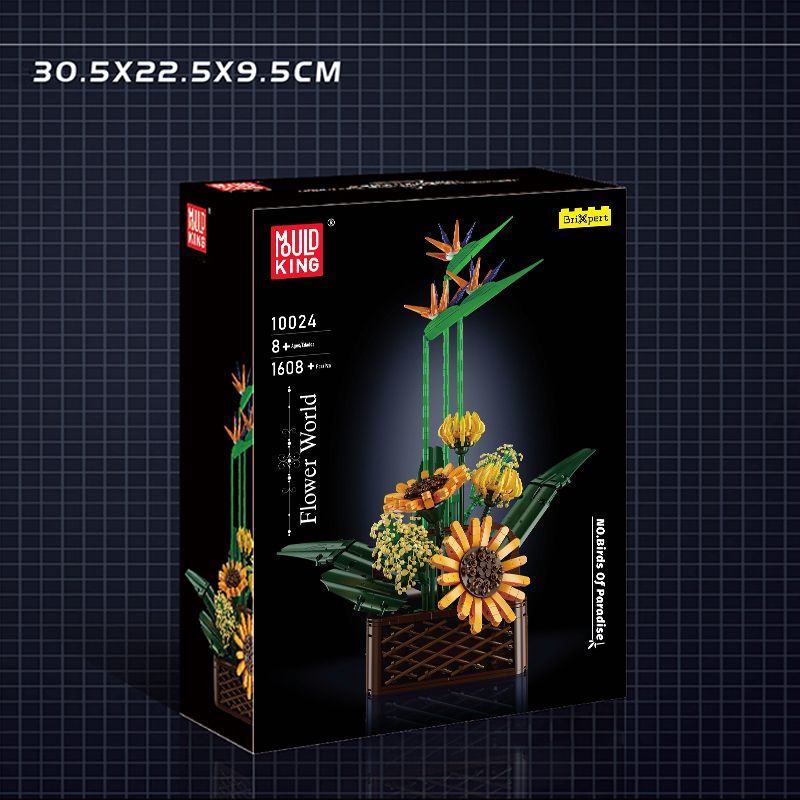 Schwarze Mould King Flower World Box mit Sonnenblumen und grünen Stielen auf dem Deckel. Schwarze Mould King Flower World Box mit Sonnenblumen und grünen Stielen auf dem Deckel.