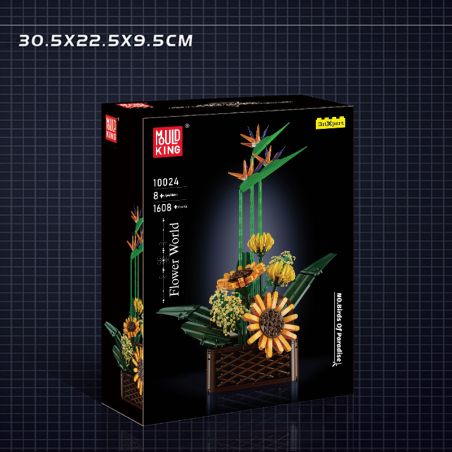 Schwarze Mould King Flower World Box mit Sonnenblumen und grünen Stielen auf dem Deckel.