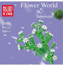 Baustein-Set-Box mit grünen und weißen Blumen, beschriftet als Flower World Babysbreath von Mould King.