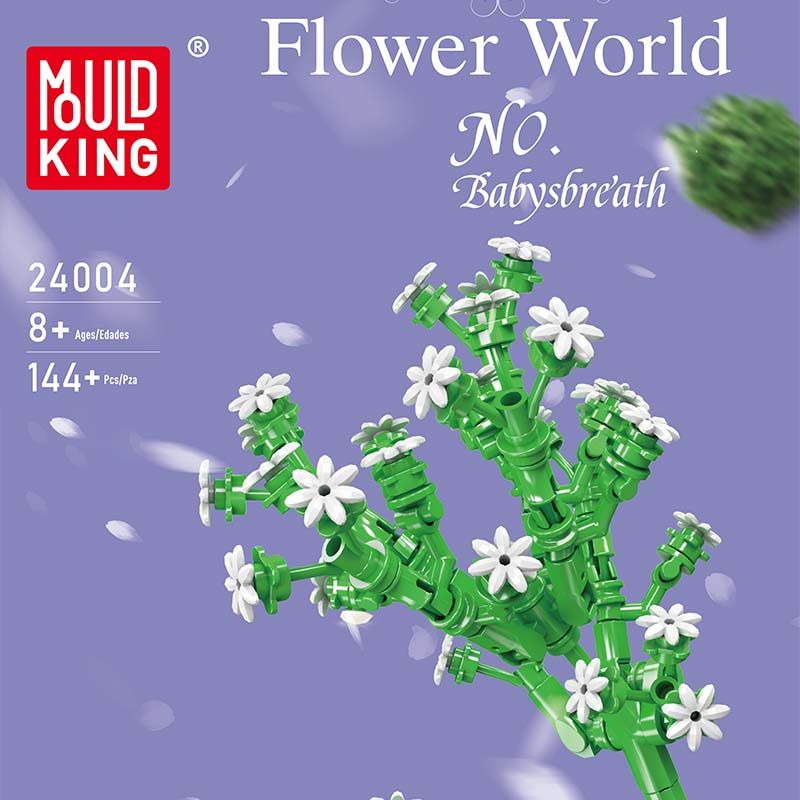 Baustein-Set-Box mit grünen und weißen Blumen, beschriftet als Flower World Babysbreath von Mould King.