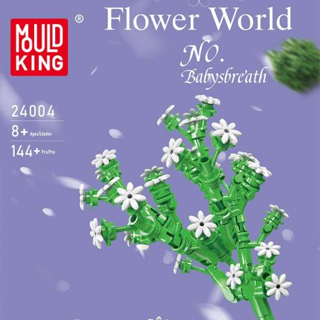 Baustein-Set-Box mit grünen und weißen Blumen, beschriftet als Flower World Babysbreath von Mould King.