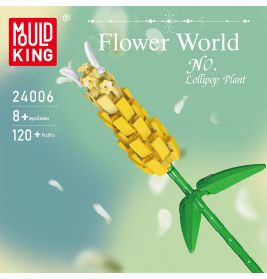 Gelbes LEGO-Lutscherpflanzenmodell mit grünen Blättern vor blauem Hintergrund, Mould King-Logo sichtbar.