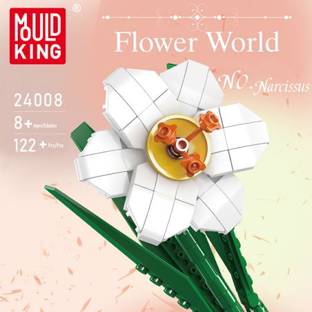 Weiße LEGO-Narzisse mit grünem Stiel vor Pastellhintergrund, Mould King und Produktinfos sind zu sehen.