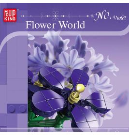 Ein Spielzeugmodell einer lilafarbenen Blume mit großen Blütenblättern vor einem sanft violetten Hintergrund.