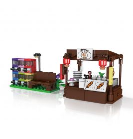 Zwei LEGO-Modelle: ein Snackautomat mit Pflanzen sowie ein japanischer Imbissstand mit Laternen und Schildern.