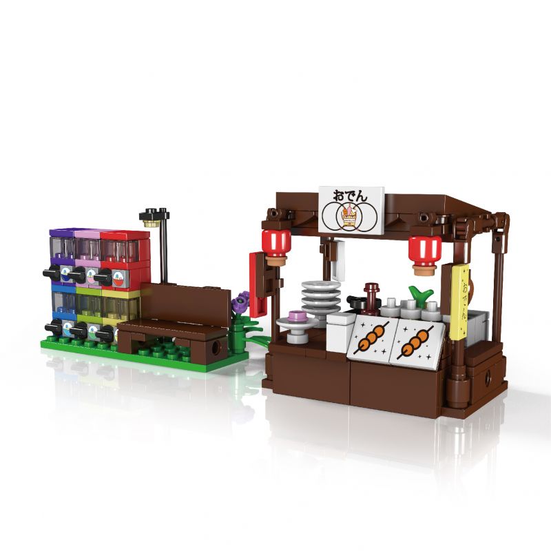 Zwei LEGO-Modelle: ein Snackautomat mit Pflanzen sowie ein japanischer Imbissstand mit Laternen und Schildern.