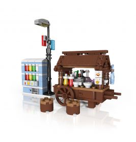 LEGO Straßenimbisswagen mit Gewürzen, Schalen, Automat, Straßenlaterne und zwei Hockern.