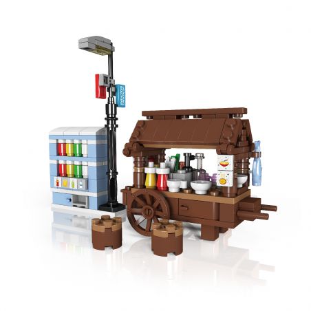 LEGO Straßenimbisswagen mit Gewürzen, Schalen, Automat, Straßenlaterne und zwei Hockern.