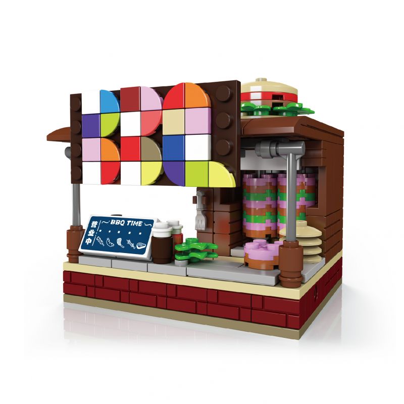 Bunter LEGO-BBQ-Stand mit großem Schild, Menütafel und verschiedenen ausgestellten Speisen aus Legosteinen.