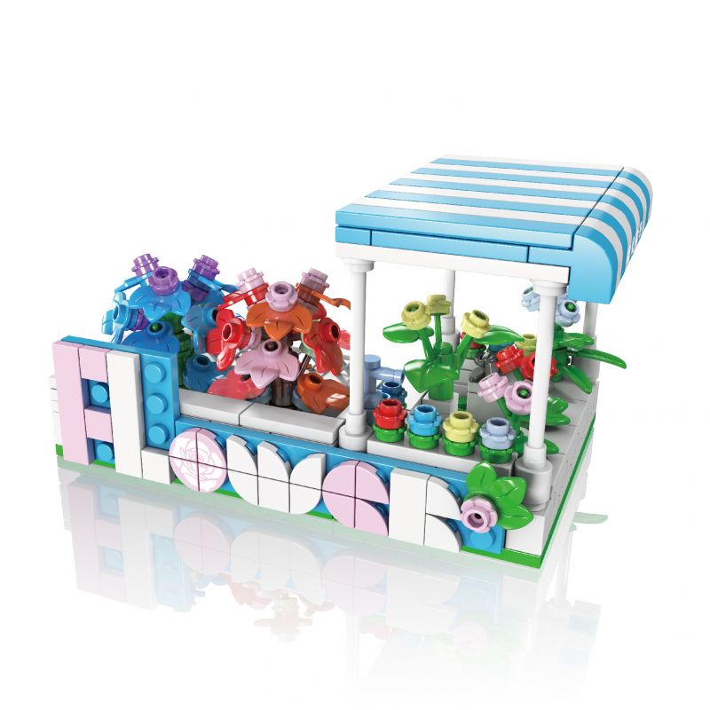 LEGO Blumenstand mit bunten Blumen, blau-weiß gestreiftem Dach und pastellfarbenem "Flower"-Schild.