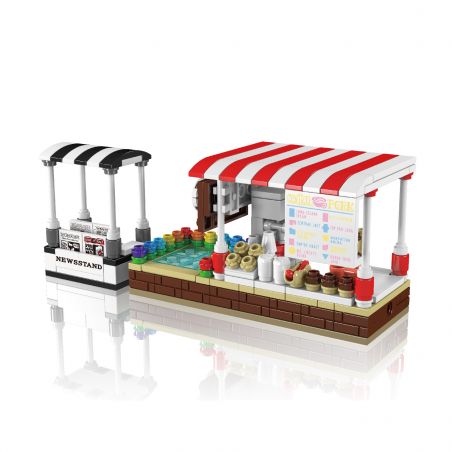 MOULD KING 24034 Coffee Shop & Kiosk mit rot-weißen Markisen und bunten Details für eine realistische Stadtszene.