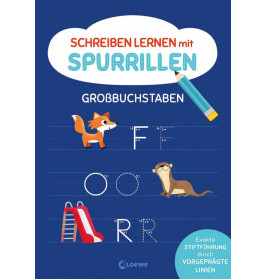 Blaues Deutsch-Arbeitsheft mit Tieren, großen nachziehbaren Buchstaben und einer Bleistiftzeichnung oben.