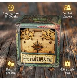 Dekorative Holzpuzzlebox mit Zahnrädern, Kompass und Spielinfos für 1-2 Spieler in den Ecken.