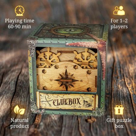 Dekorative Holzpuzzlebox mit Zahnrädern, Kompass und Spielinfos für 1-2 Spieler in den Ecken. Dekorative Holzpuzzlebox mit Zahnrädern, Kompass und Spielinfos für 1-2 Spieler in den Ecken.