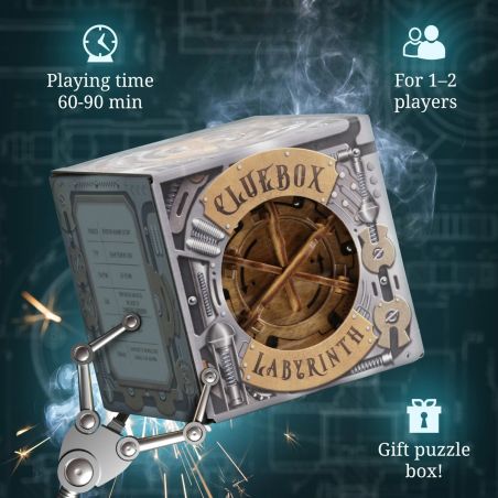 Steampunk-Puzzlebox mit Zahnrädern, Cluebox Labyrinth, für 1-2 Spieler, Spielzeit 60-90 Minuten. Steampunk-Puzzlebox mit Zahnrädern, Cluebox Labyrinth, für 1-2 Spieler, Spielzeit 60-90 Minuten.