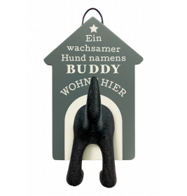 Schild in Form einer Hundehütte mit Hundehintern, Text: Ein wachsender Hund namens Buddy wohnt hier.