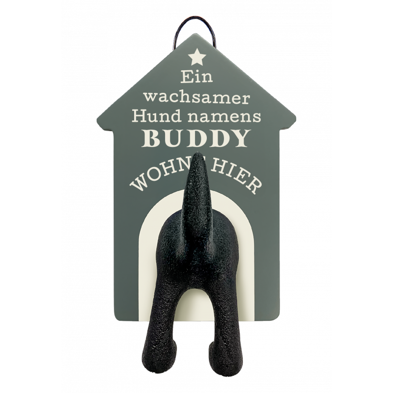 Schild in Form einer Hundehütte mit Hundehintern, Text: Ein wachsender Hund namens Buddy wohnt hier. Schild in Form einer Hundehütte mit Hundehintern, Text: Ein wachsender Hund namens Buddy wohnt hier.