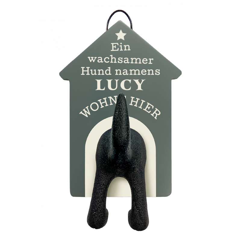Hundförmiger Wandhaken mit Schild: Ein wachsamer Hund namens Lucy wohnt hier. Hundförmiger Wandhaken mit Schild: Ein wachsamer Hund namens Lucy wohnt hier.