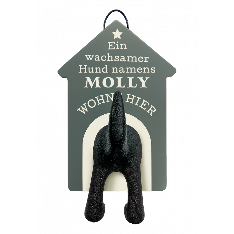 Hundehütte mit 3D-Hundehinterteil und dem Text: Ein wachsender Hund namens Molly wohnt hier.
