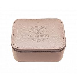 Kleine rosa Reißverschlusstasche mit der Prägung Tu was dich glücklich macht Alexandra auf dem Deckel.
