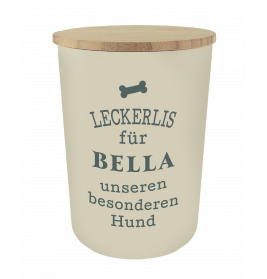Beiger Leckerli-Behälter mit Holzdeckel, beschriftet: Leckerlis für Bella, unseren besonderen Hund.