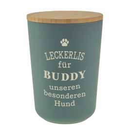 Grünes Leckerli-Glas mit Holzdeckel, deutschem Text für Hundesnacks und großem Buddy-Schriftzug.