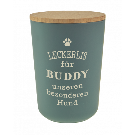 Grünes Leckerli-Glas mit Holzdeckel, deutschem Text für Hundesnacks und großem Buddy-Schriftzug.