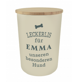 Beiger Leckerli-Behälter mit Holzdeckel, beschriftet: Leckerlis für Emma, unseren besonderen Hund.