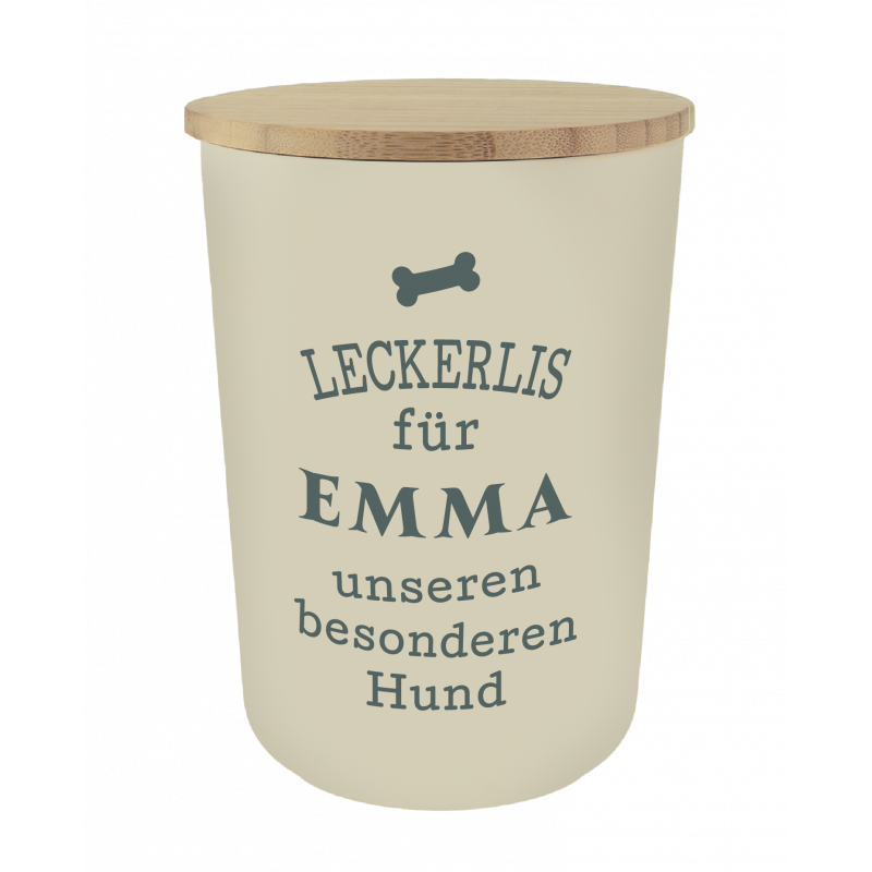 Beiger Leckerli-Behälter mit Holzdeckel, beschriftet: Leckerlis für Emma, unseren besonderen Hund. Beiger Leckerli-Behälter mit Holzdeckel, beschriftet: Leckerlis für Emma, unseren besonderen Hund.