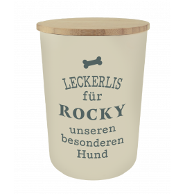 Beige Leckerli-Dose mit Holzdeckel, deutsch beschriftet für einen besonderen Hund namens Rocky.