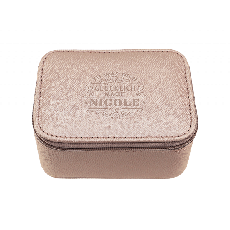 Beiger, rechteckiger Reißverschluss-Behälter mit geprägtem deutschen Text und dem Namen Nicole auf dem Deckel.