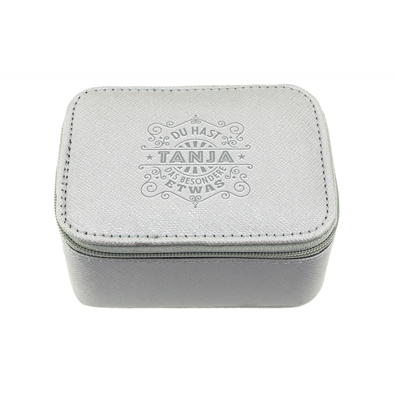 Kleine graue Box mit Reißverschluss, Aufdruck: Tanja - Du hast etwas Besonderes auf dem Deckel.