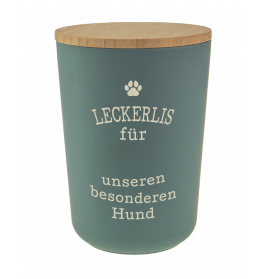 Türkise Leckerli-Dose mit Holzdeckel und deutscher Aufschrift für Hundesnacks auf der Vorderseite.