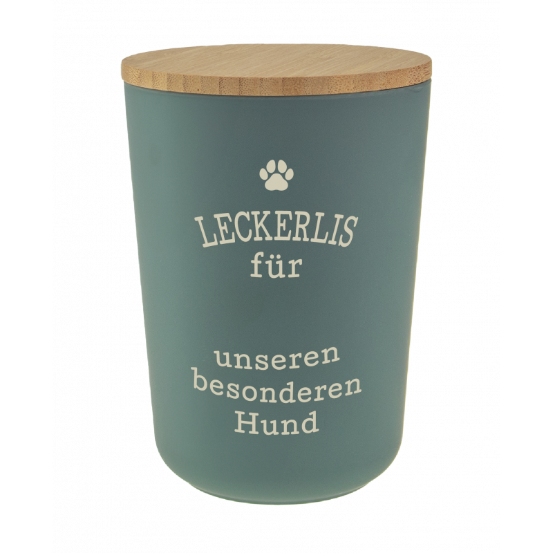 Türkise Leckerli-Dose mit Holzdeckel und deutscher Aufschrift für Hundesnacks auf der Vorderseite. Türkise Leckerli-Dose mit Holzdeckel und deutscher Aufschrift für Hundesnacks auf der Vorderseite.