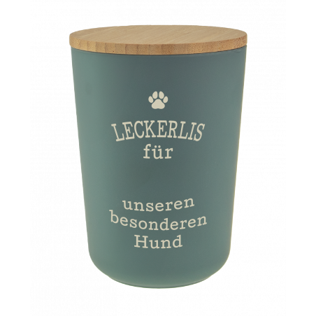 Türkise Leckerli-Dose mit Holzdeckel und deutscher Aufschrift für Hundesnacks auf der Vorderseite.