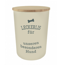 Beiger Leckerli-Behälter mit Holzdeckel und der Aufschrift: Leckerlis für unseren besonderen Hund.