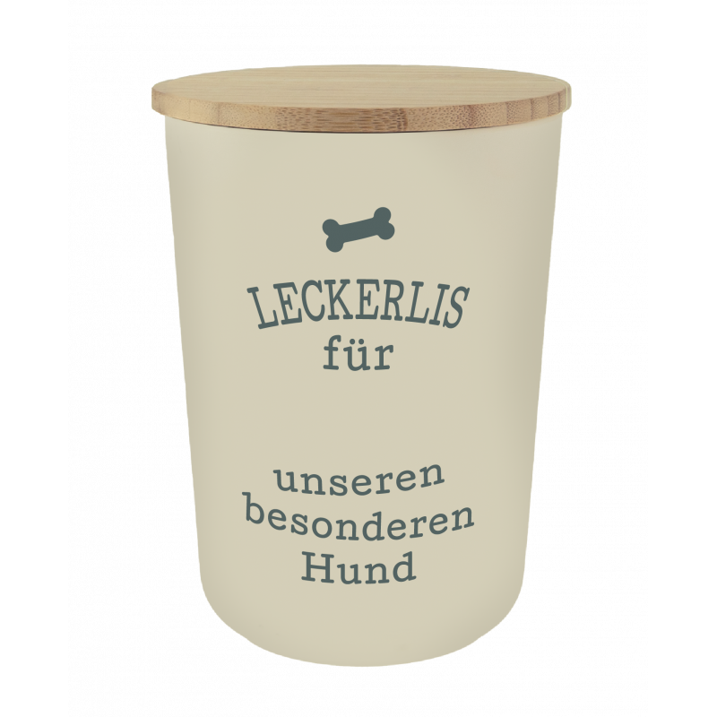 Beiger Leckerli-Behälter mit Holzdeckel und der Aufschrift: Leckerlis für unseren besonderen Hund. Beiger Leckerli-Behälter mit Holzdeckel und der Aufschrift: Leckerlis für unseren besonderen Hund.