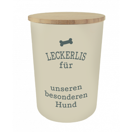 Beiger Leckerli-Behälter mit Holzdeckel und der Aufschrift: Leckerlis für unseren besonderen Hund.
