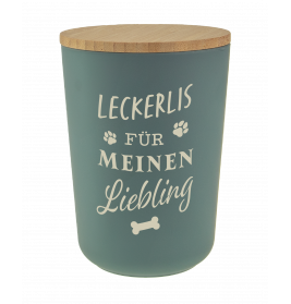 Blaue Dose mit Holzdeckel, Aufschrift Leckerlis für meinen Liebling sowie Pfoten- und Knochenmotive.