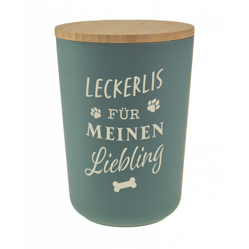Blaue Dose mit Holzdeckel, Aufschrift Leckerlis für meinen Liebling sowie Pfoten- und Knochenmotive. Blaue Dose mit Holzdeckel, Aufschrift Leckerlis für meinen Liebling sowie Pfoten- und Knochenmotive.