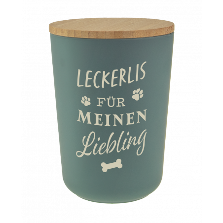 Blaue Dose mit Holzdeckel, Aufschrift Leckerlis für meinen Liebling sowie Pfoten- und Knochenmotive.