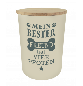 Beiger Behälter mit Holzdeckel, Aufschrift: Mein bester Freund hat vier Pfoten und Pfotenabdrücke.