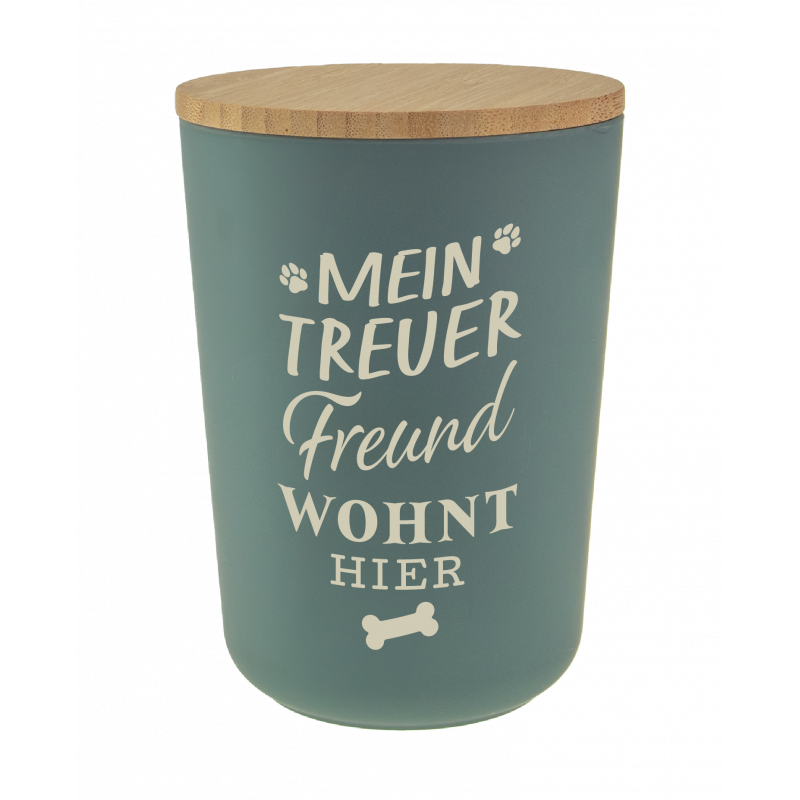 Grüner Behälter mit Holzdeckel, Aufschrift Mein treuer Freund wohnt hier, Pfotenabdrücke und Knochen.