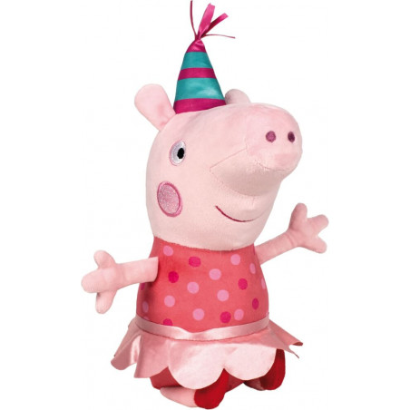 Peppa-Wutz-Plüschfigur mit Partyhut und gepunktetem rosa Kleid, Arme weit geöffnet.