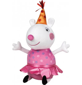 Plüschfigur einer weißen Cartoon-Maus im rosa Kleid und Partyhut, die lächelt und die Arme ausbreitet.