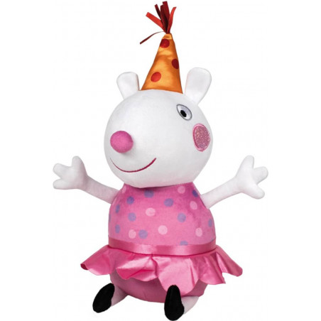 Plüschfigur einer weißen Cartoon-Maus im rosa Kleid und Partyhut, die lächelt und die Arme ausbreitet.
