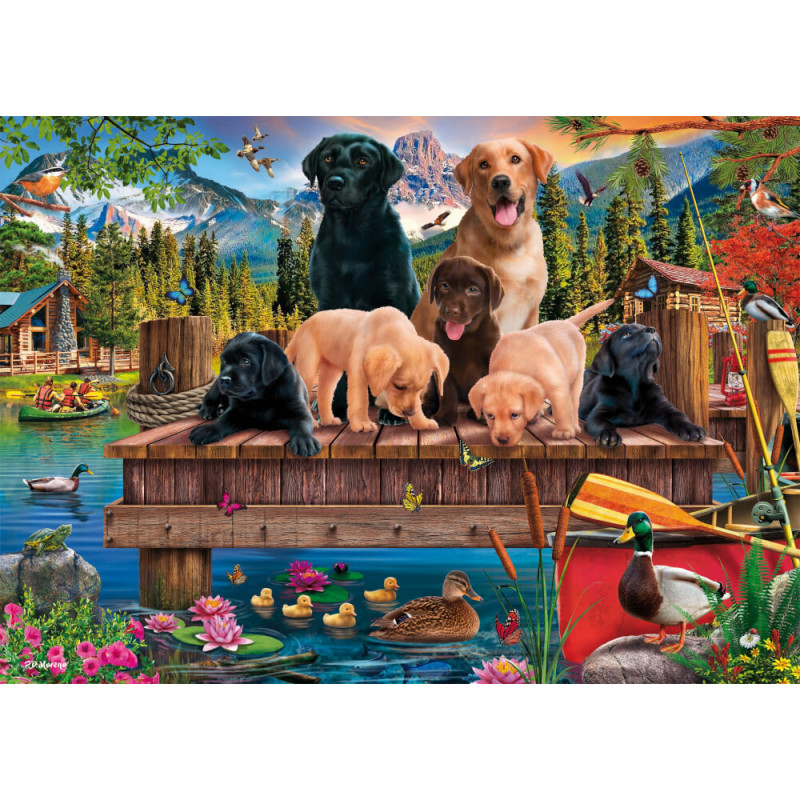 Sieben Labradorwelpen spielen auf einem Holzsteg an einem See, umgeben von Bäumen, Blumen und Tieren. Sieben Labradorwelpen spielen auf einem Holzsteg an einem See, umgeben von Bäumen, Blumen und Tieren.